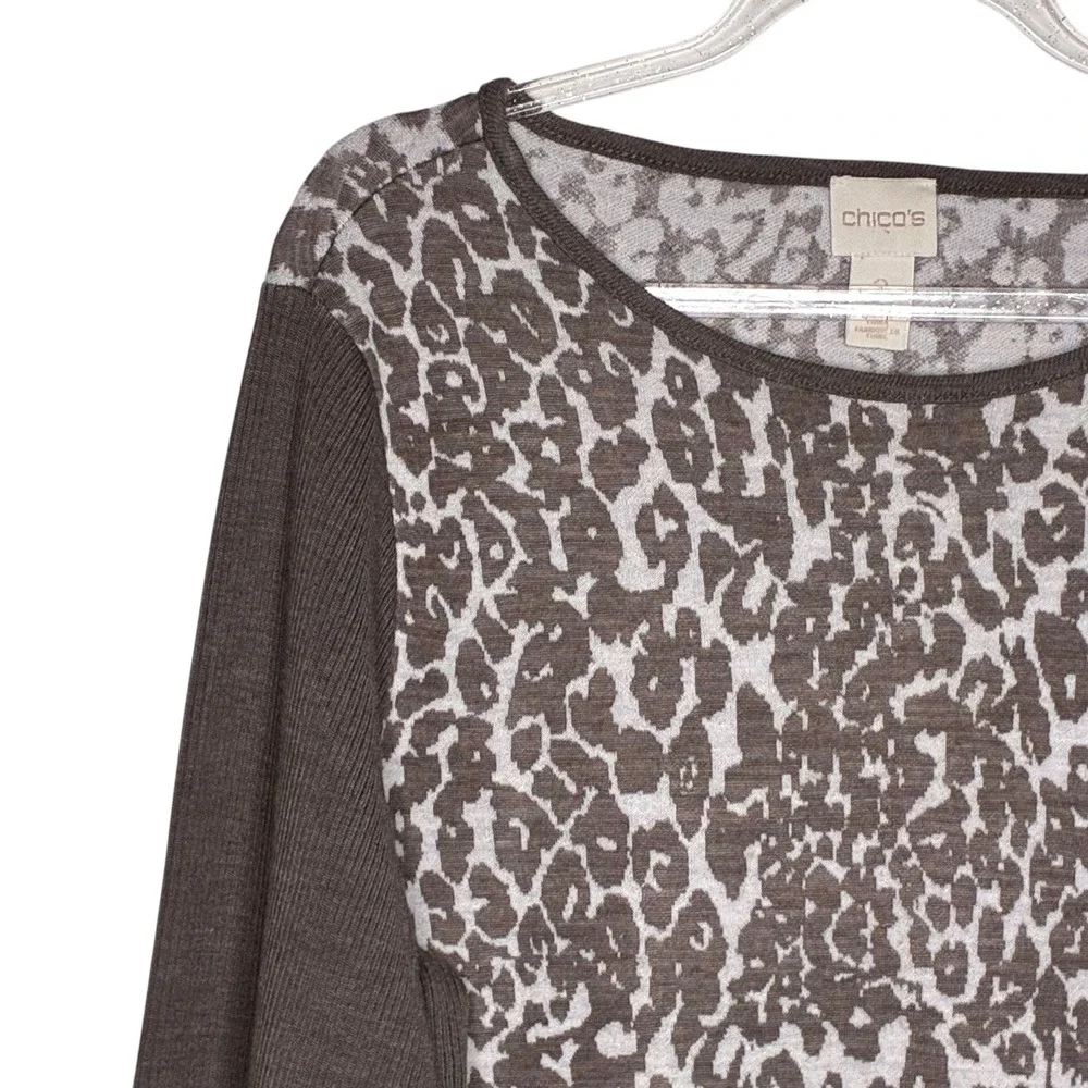 Chicos Womens Size 2/Large Brown Leopard Print Sweater Zipper Detail Wool Knit - Picture 2 of 9